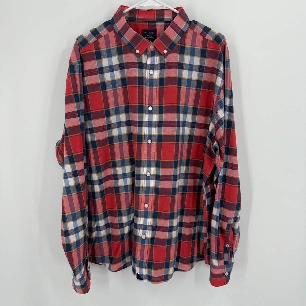 UNTUCKit Mens XXL Long Sleeve Button Down Shirt Red‎ Blue Plaid Cotton